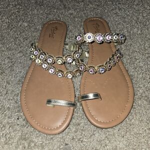 Thalia Sodi Gold and Tan Embellished Flat Sandals